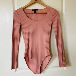 Nude Pink Long Sleeve Ribbed Fitted Bodysuit
